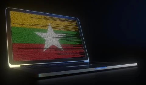 Open laptop and computer code on the screen composing flag of Myanmar. Modern Stock Illustration