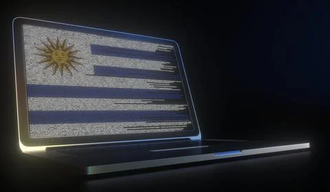 Open laptop and computer code on the screen composing flag of Uruguay. Modern 库存插图