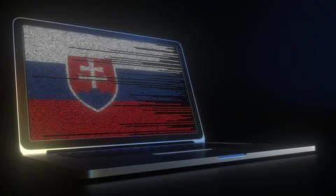 Open laptop and computer code on the screen composing flag of Slovakia. Modern 库存插图