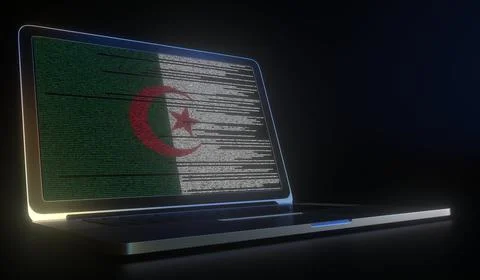 Open laptop and computer code on the screen composing flag of Algeria. Modern Stock Illustration