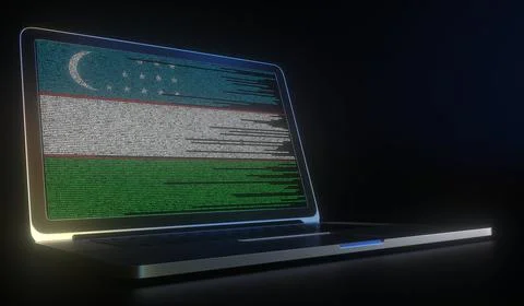 Open laptop and computer code on the screen composing flag of Uzbekistan. Modern Stock Illustration
