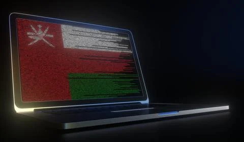 Open laptop and computer code on the screen composing flag of Oman. Modern 스톡 일러스트