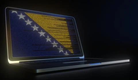 Open laptop and computer code on the screen composing flag of Bosnia. Modern 스톡 일러스트