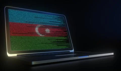 Open laptop and computer code on the screen composing flag of Azerbaijan. Modern Illustrazione stock