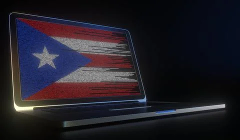 Open laptop and computer code on the screen composing flag of Puerto Rico 스톡 일러스트