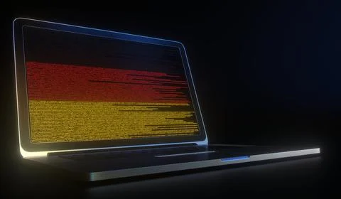 Open laptop and computer code on the screen composing flag of Germany. Modern Stock Illustration