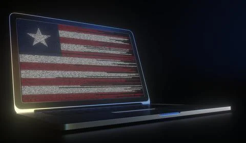 Open laptop and computer code on the screen composing flag of Liberia. Modern Stock Illustration