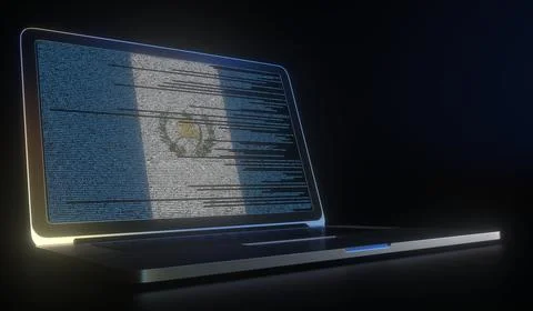 Open laptop and computer code on the screen composing flag of Guatemala. Modern Illustrazione stock