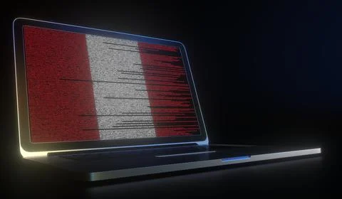 Open laptop and computer code on the screen composing flag of Peru. Modern Stock Illustration