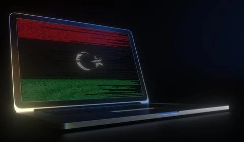 Open laptop and computer code on the screen composing flag of Libya. Modern Stock Illustration