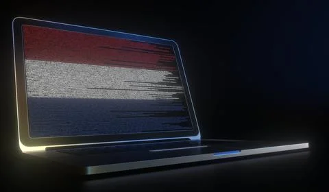 Open laptop and computer code on the screen composing flag of the Netherlands Stock Illustration