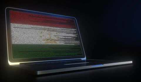 Open laptop and computer code on the screen composing flag of Tajikistan. Modern Stock Illustration