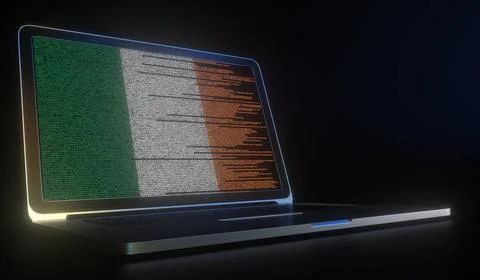 Open laptop and computer code on the screen composing flag of Ireland. Modern Stock Illustration