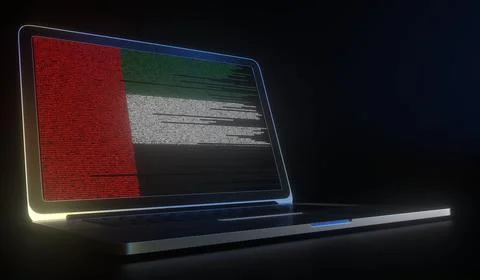 Open laptop and computer code on the screen composing flag of the UAE. Modern 스톡 일러스트