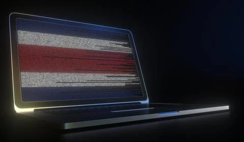 Open laptop and computer code on the screen composing flag of Costa Rica. Modern Stock Illustration