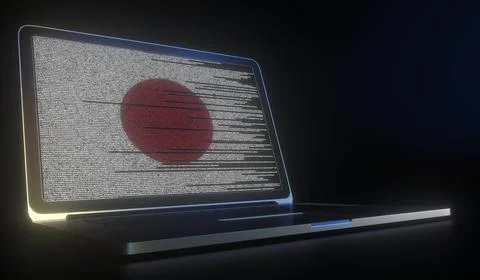 Open laptop and computer code on the screen composing flag of Japan. Modern 库存插图