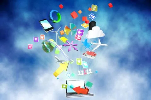 Open laptop computer is displaying floating smartphone icon and 3D objects in Stock Photos