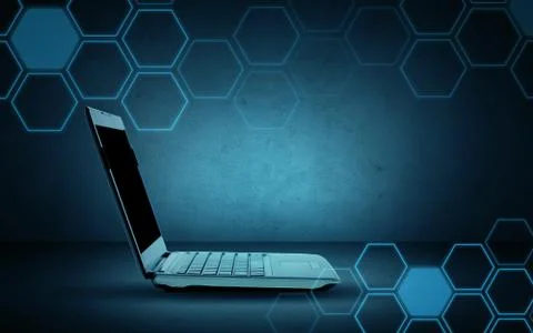 Open laptop computer with hexagonal pattern Stock Photos