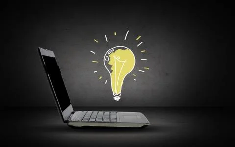Open laptop computer with lighting bulb doodle 스톡 일러스트