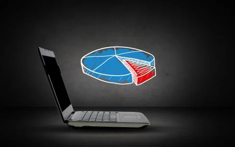 Open laptop computer with pie chart doodle Foto stock