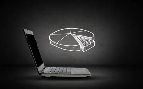 Open laptop computer with pie chart doodle Foto stock