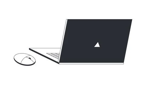 Open laptop computer with wireless mouse black and white cartoon clipart Stock Illustration