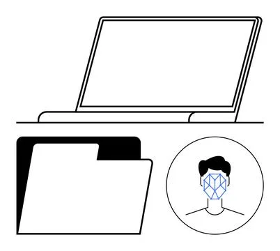 Open laptop, document folder, face recognition biometric icon. Ideal for tech Stock Illustration