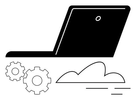 Open Laptop with Gears and Cloud Symbolizing Technology and Cloud Computing.. 스톡 일러스트