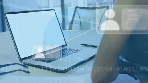 Open laptop getting data feed, showing avatar boxes flowing onto keys, woman Stock Footage 335283067