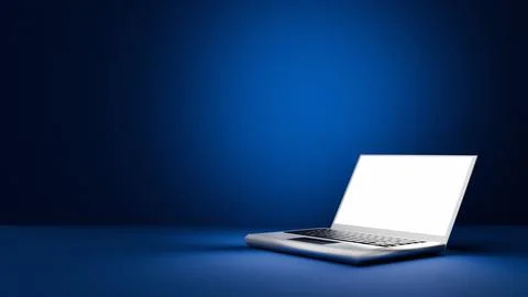 Open laptop with lighting screen on dark blue background. 3d render Illustrazione stock