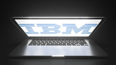 Open laptop with logo of IBM on the screen. Editorial conceptual 3d rendering Illustrazione stock