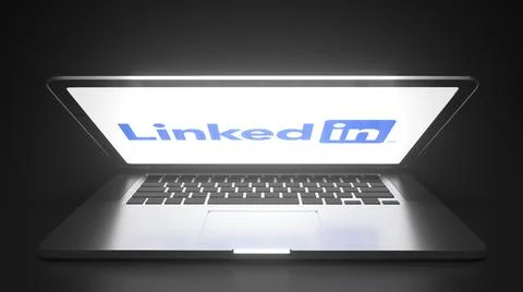 Open laptop with logo of LINKEDIN on the screen. Editorial conceptual 3d Stock Illustration