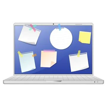 An open laptop with notes stuck to the screen Stock Illustration
