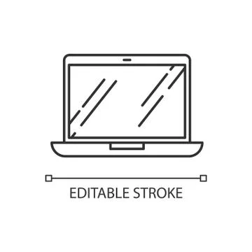 Open laptop pixel perfect linear icon. Portable computer. Compact gadget 스톡 일러스트