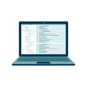 Open laptop with program code on screen flat vector illustration isolated. Stock Illustration