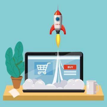 Open laptop with purchase screen, concept, launch of online store, launching Stock Illustration