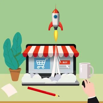 Open laptop with purchase screen, concept, launch of online store, launching Stock Illustration