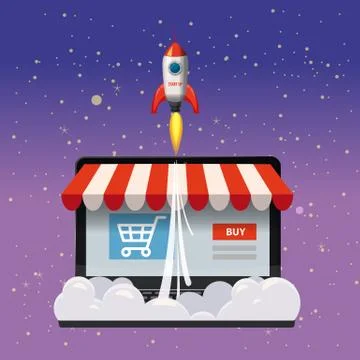 Open laptop with purchase screen, concept, launch of online store, launching Stock Illustration