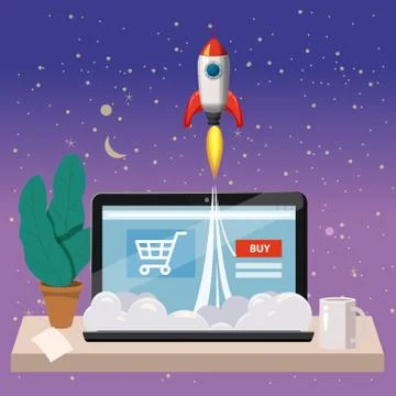 Open laptop with purchase screen, concept, launch of online store, launching Stock Illustration
