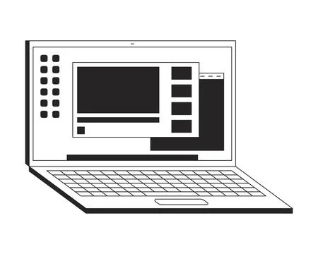 Open laptop screen with digital interface 2D line object Stock Illustration