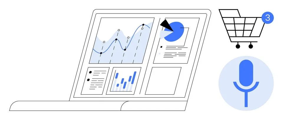 Open laptop screen displaying graphs and charts with a shopping cart notifica Stock Illustration