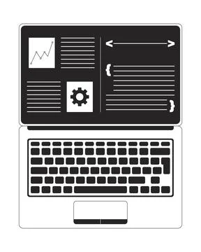 Open laptop screen with programming software black and white 2D line object Illustrazione stock