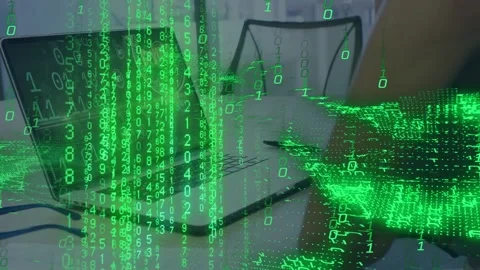 Open laptop showing code sending green data streams flowing over woman's arm, Stock Footage 334768324