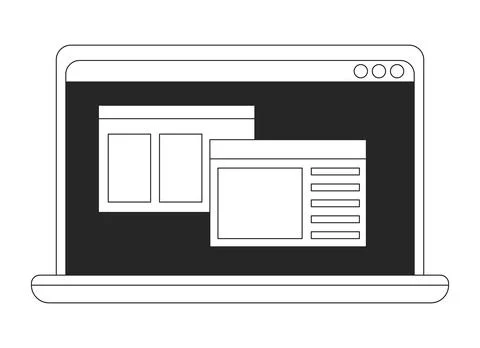 Open laptop with software windows flat line black white vector object Stock Illustration