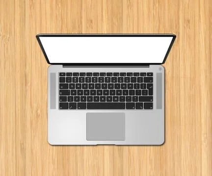 Open laptop top view with blank screen on wooden desk. 3D render Stock Illustration