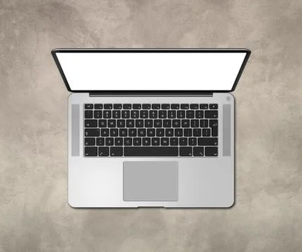 Open laptop top view with blank screen on concrete desk. 3D render Illustrazione stock