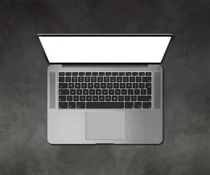  Open laptop top view with blank screen on concrete desk. 3D render Open l... Foto stock
