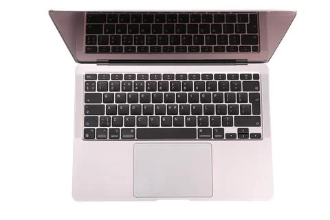 Open laptop top view reflection of keyboard in monitor is isolated on white b Stock Photos
