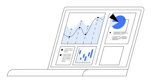 Open laptop with various data visualizations such as line graphs, bar charts, Illustrazione stock
