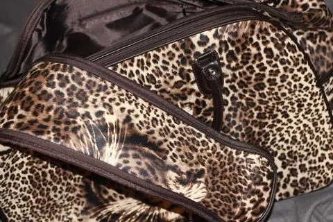 Open Leopard Print Duffel Bag with Front Zipper Pocket Stock Photos